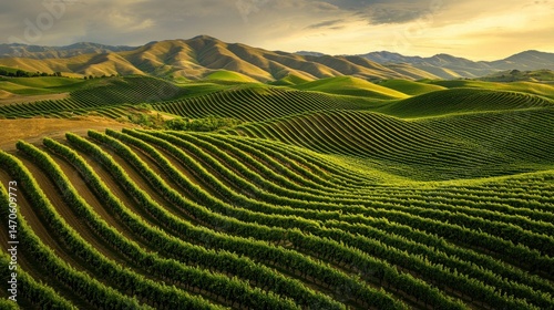 Rolling hills of verdant vineyards under a serene golden sky