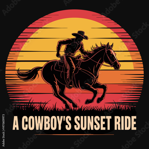 Retro Cowboy Silhouette Riding Horse at Sunset – Bold Western Illustration with Vintage Colors and Circular Gradient Design

