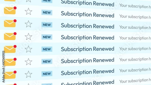 Subscription Renewed emails scrolling on the screen 4k animation. Business, renew, subscription, mail