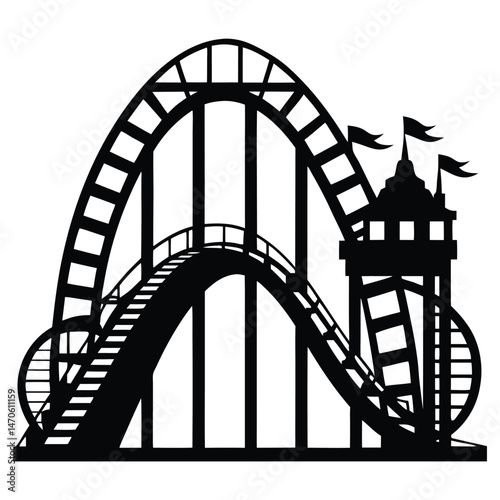 Silhouette showcases a thrilling rollercoaster with flags atop a medievalstyle tower, set against transparency