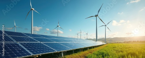 Solar panels and wind turbines generate clean energy. Sustainable eco-friendly tech on field, blue sky background. Alternative power windmills with solar batteries for electricity.