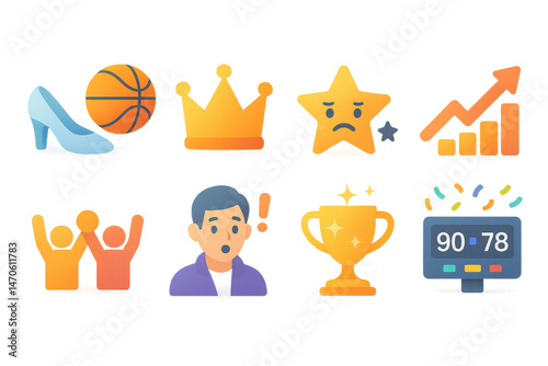 Cinderella sports triumph icons – shoe, basketball, crown, trophy, scoreboard. Flat icon set