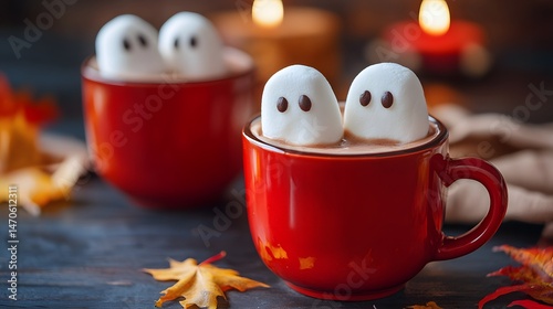 Hot cocoa with marshmallow ghosts floating on top