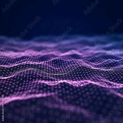 Abstract digital data wave of purple glowing particles and wireframe mesh on a dark blue background represents technology, transmission, neural, futuristic