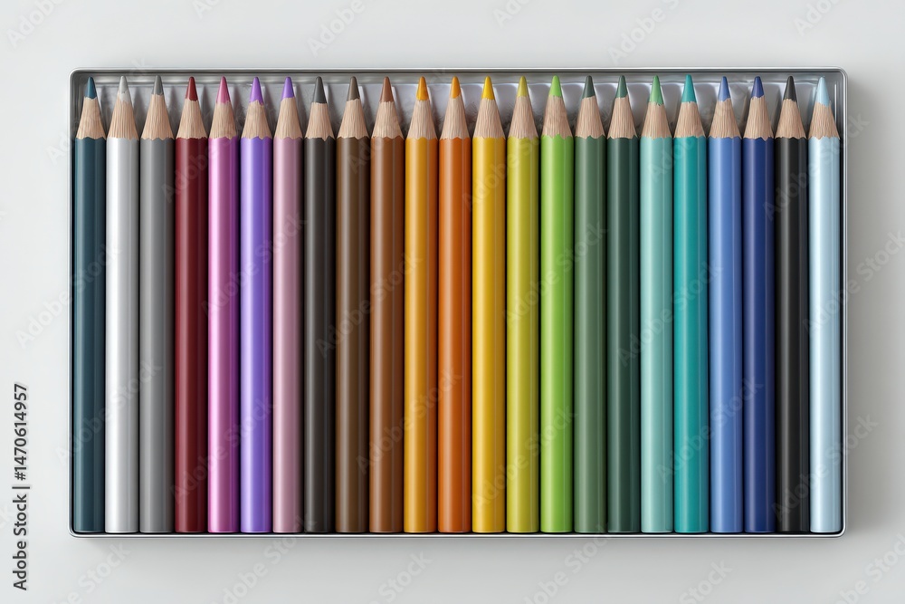 Obraz premium A vibrant set of colored pencils arranged neatly in a box, ready for creative expression.