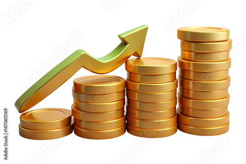 Growth money business increase finance profit on 3d investment background with coin stock wealth arrow graph. Financial economy concept rise gold strategy cash currency. Success market economic budget
