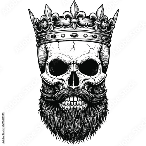 Skull with Ornate Crown, Beard, and Mustache, Black and White Line Art Illustration, King Symbol
