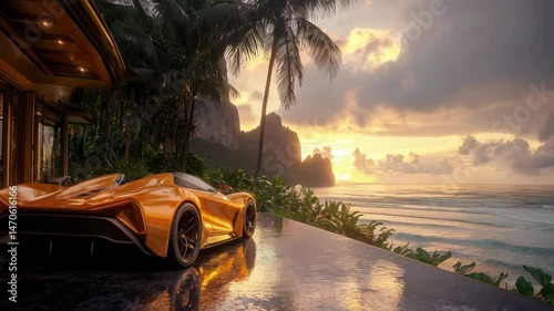 A luxurious orange sports car parked by the beach during sunset with palm trees in the background.