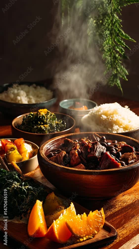 Traditional Brazilian feijoada served hot with rice, collard greens, farofa, oranges, and stewed vegetables, beautifully presented in rustic bowls with rising steam

