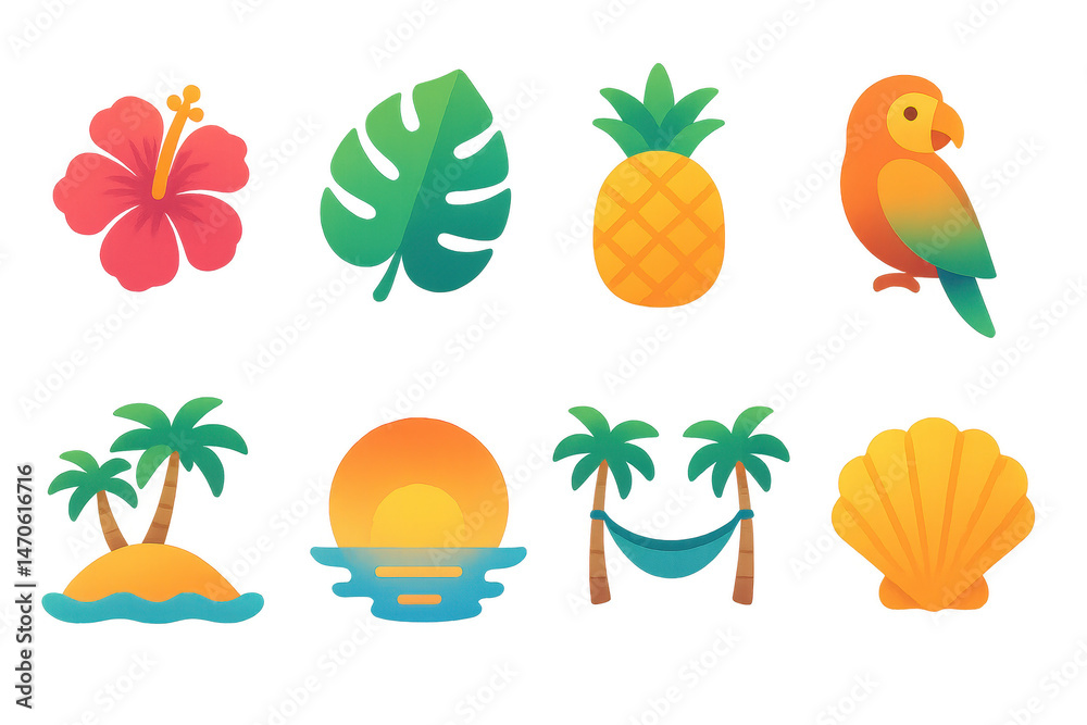Naklejka premium Tropical paradise icons set – hibiscus, leaf, pineapple, parrot, palm, sunset, hammock, shell. Flat icon set