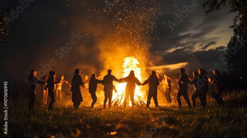 Traditional Samhain bonfire ceremony with people dancing around the fire