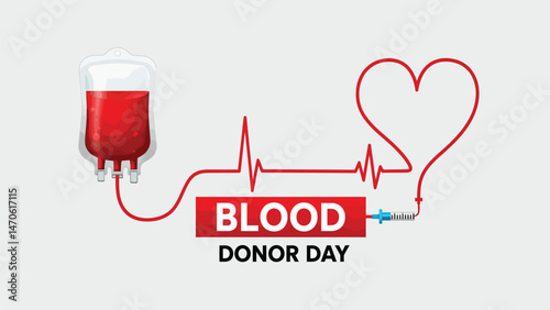 Blood Donor Day Illustration: Blood Bag, EKG Heartbeat Line forming Heart, Syringe Icon