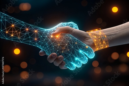 Digital Handshake: A striking digital handshake merging the tangible with the technological, set against a backdrop of softly blurred lights.