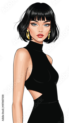 Fashion Illustration: Chic Woman with Black Bob Hairstyle in Black Cut-Out Dress and Gold Earrings