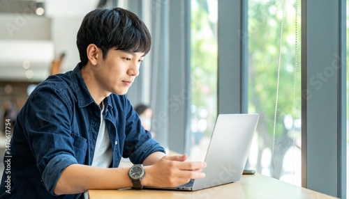 キャンパスで勉強する男子大学生