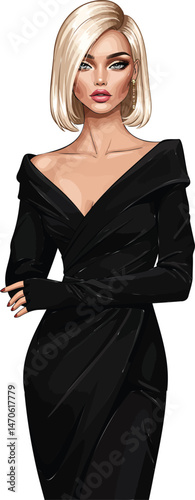 Fashion Illustration: Elegant Woman with Blonde Bob in Black Off-Shoulder Evening Dress