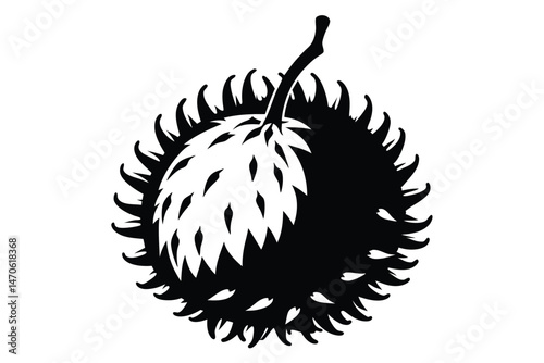 Soursop exotic fruit black silhouette shows intricate skin details, isolated on a transparent background