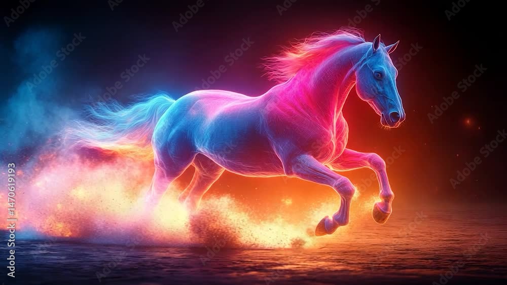 Glowing Horse Running Through Fire, Mystical Scene Glowing Horse Running Through Fire, Mystical Scene