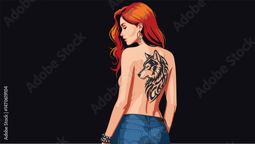 Young Woman with Red Hair and Wolf Head Tattoo on Bare Back, Rear View Illustration on Dark Background