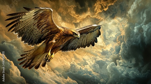 Majestic soaring hawk, wings spread wide above cumulus cloudscape