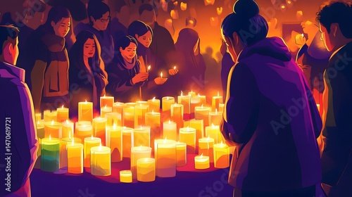 Illustration showing people lighting candles to honor the deceased on All Souls Day