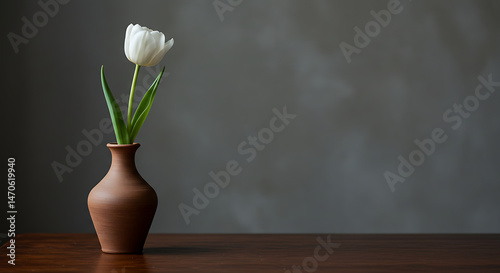 Elegant white tulip in a clay vase, a simple yet captivating still life showcasing natural beauty against a neutral backdrop. 