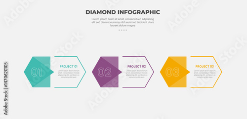 long hexagon base shape infographic outline style with 3 point template with arrow fill base on left badge for slide presentation