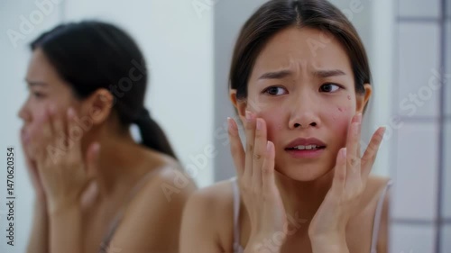 Young woman examining acne breakout in bathroom mirror, concerned about skin health and facial blemishes, personal skincare and self-care concept
