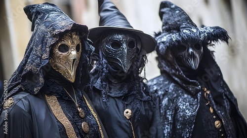 Traditional European costumes and masks worn during Halloween celebrations