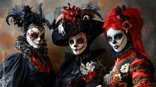 Traditional European costumes and masks worn during Halloween celebrations