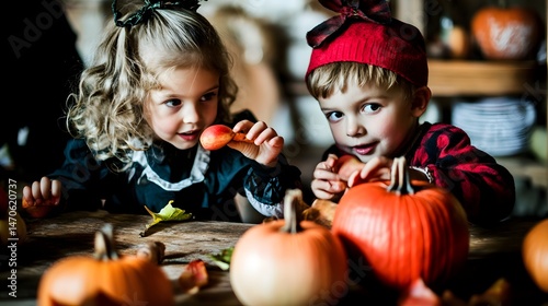 Photo of children playing Halloween games like snap-apple in a vintage setting