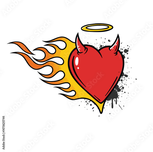 Red Heart with Devil Horns, Angel Halo, Flames, and Paint Splatter, Graphic Illustration
