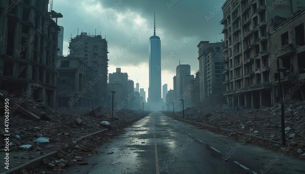 Fototapeta premium Apocalyptic cityscape after disaster. Abandoned city with destroyed buildings, debris. Modern skyscrapers after earthquake or war. Concept of end of world. Global crisis, cataclysm, destruction, ruin.