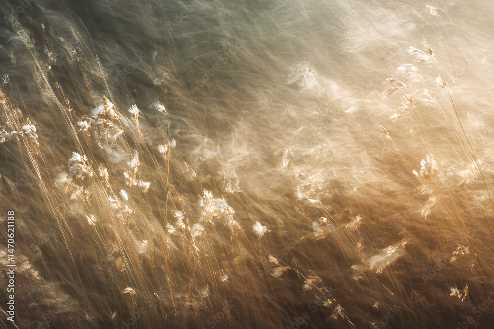 Obraz premium Whispering Fields: An evocative and painterly long exposure shot of golden-toned fields. The dreamy, blurred movement of the grass creates a sense of motion and airiness.