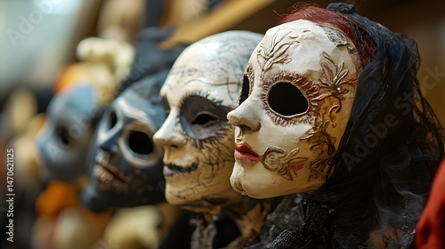 Close-up of old-fashioned Halloween masks made from paper and cloth