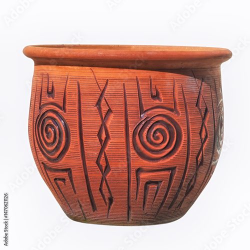 Old ceramic pot for flowers isolated on white