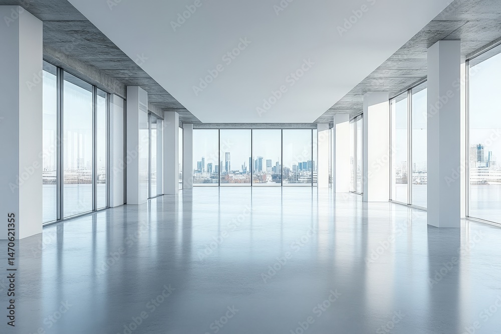 Fototapeta premium Modern minimalist interior showcasing natural light filtering through large windows in a spacious gallery or studio setting