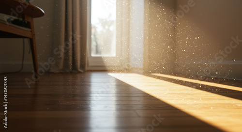 Sunlight streams into a room, illuminating dust particles dancing in the air. A wooden floor and chair add warmth to the scene.