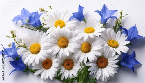 white daisywheels with blue campanula on white background