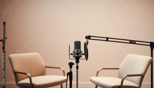Microphone and Empty Chairs in Podcast Studio for Interview Setting