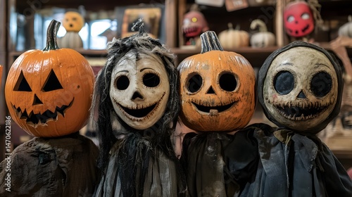 Display of old Halloween costumes with simple designs and homemade masks