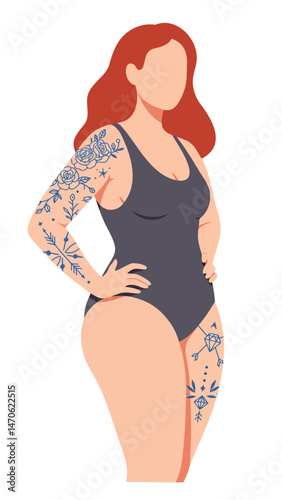 Plus Size Faceless Woman with Red Hair, Tattoos in Swimsuit, Body Positive Flat Illustratio