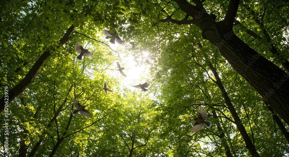 Fototapeta premium Flock of Birds Flying Through Green Forest Canopy with Sun Rays Nature's Majesty Inspiring Outdoors Adventure Scenic View Lush Environment Tranquil Atmosphere Majestic Sunlight