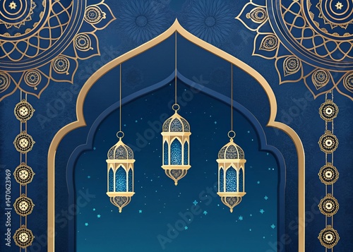 Blue geometric arch with hanging golden lanterns eid poster background