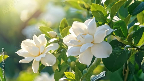 White Gardenia Flowers Blooming in Sunlight
