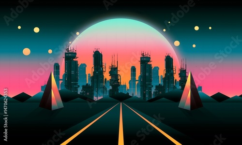80s Neon Dystopia Vibes, Retro-Futuristic Synthwave Cityscape with Sunset Horizon, Vaporwave Ocean Vibes and 80s Aesthetic