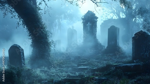 Foggy graveyard with old tombstones and low-hanging mist