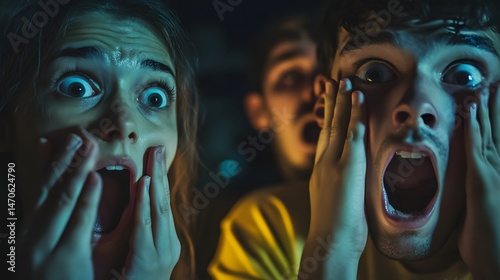 Friends covering their mouths in shock as they listen to a scary story