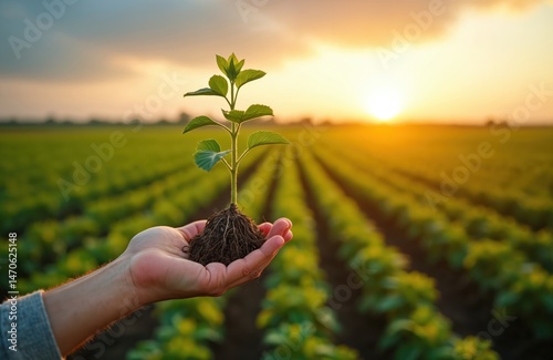 Hand holding soybean plant in field at sunset. Farmer cares about young plant, agronomist examines growing process. Agriculture, farming, eco-friendly practices for a better world.