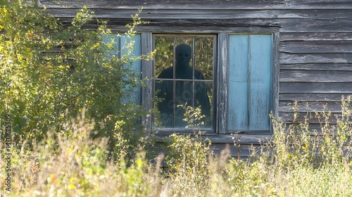 Ghostly figure seen through a window of an abandoned house